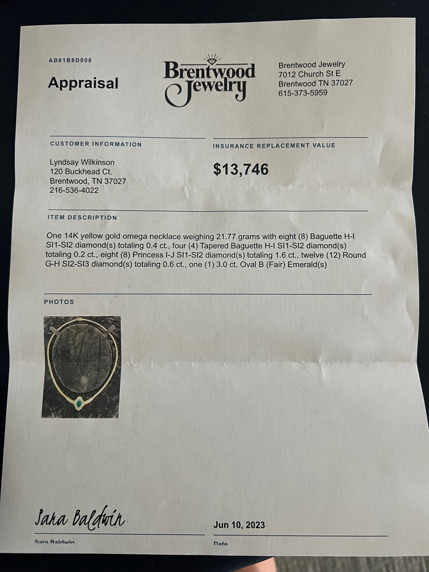 Diamond & Emerald Necklace (appraised at 13,746) Youth Villages